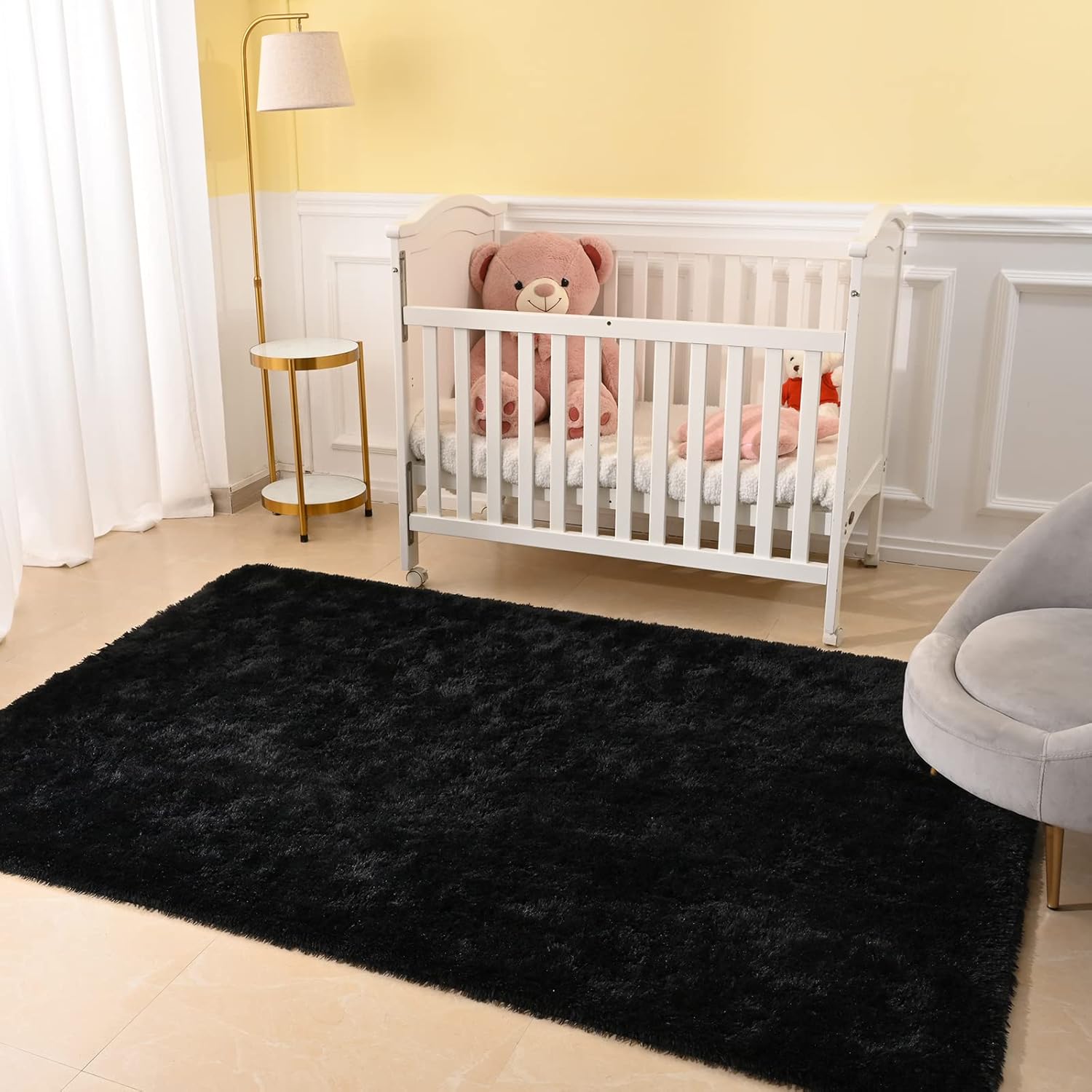 Maxsoft Alfombra mullida de pelo largo para dormitorio, alfombra negra de 6 x 9...