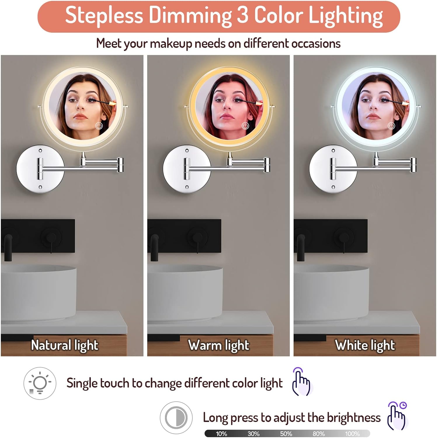 Espejo de maquillaje iluminado de pared recargable cromado, espejo de tocador...