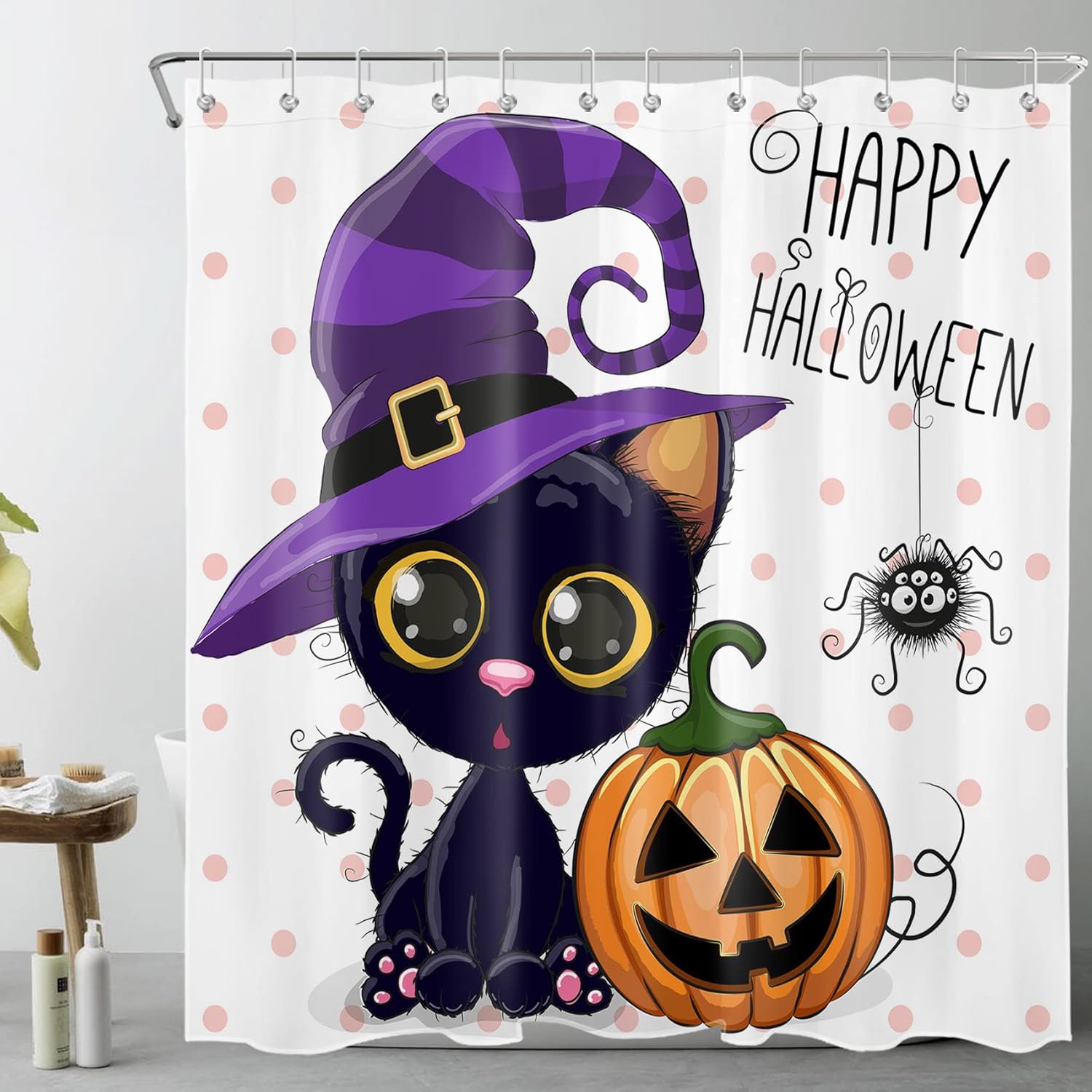 Halloween Pumpkin Shower Curtain Sets with Rugs Cartoon Cat Magic Hat Dots