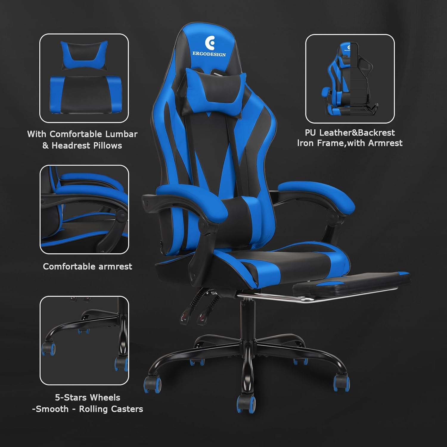 Silla de juegos con reposabrazos y reposapiés Linkage, silla de videojuegos de...