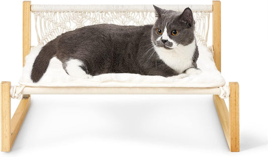 Mkono Hamaca bohemia para gatos con manta, cama elevada de macramé para...