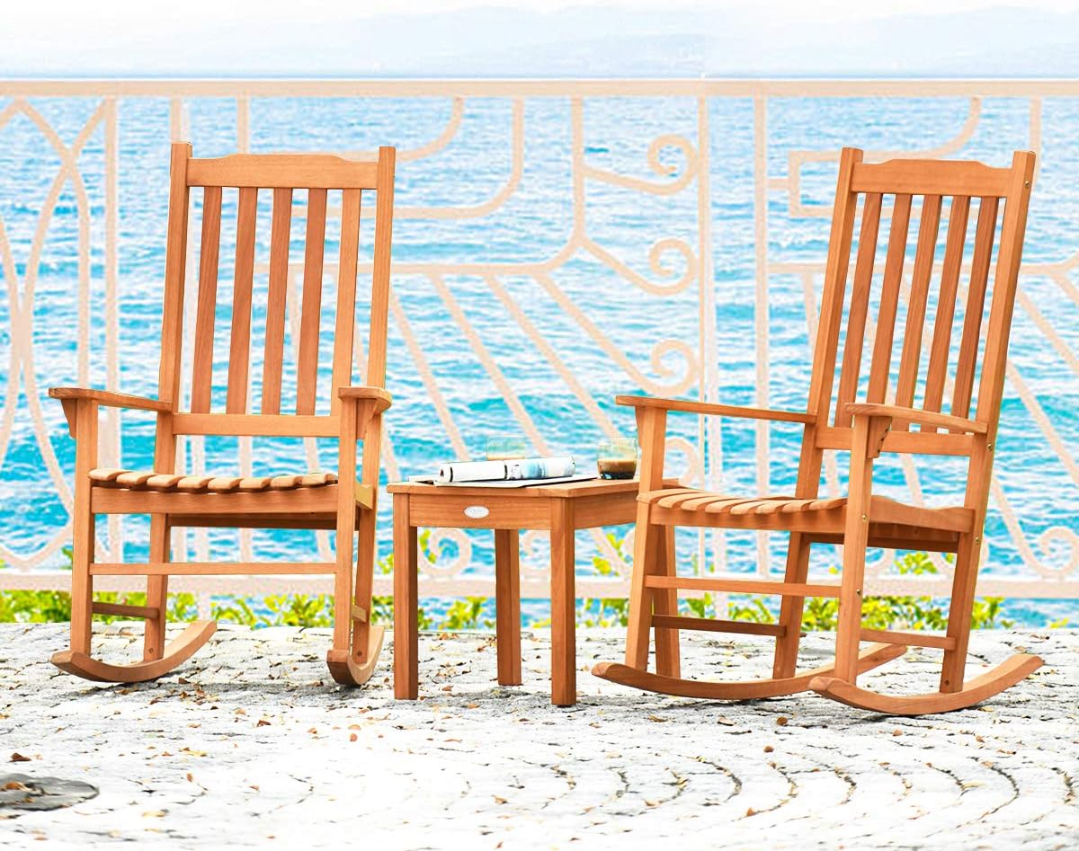 Giantex Juego de 3 sillas mecedoras para patio, juego de conversación de madera...