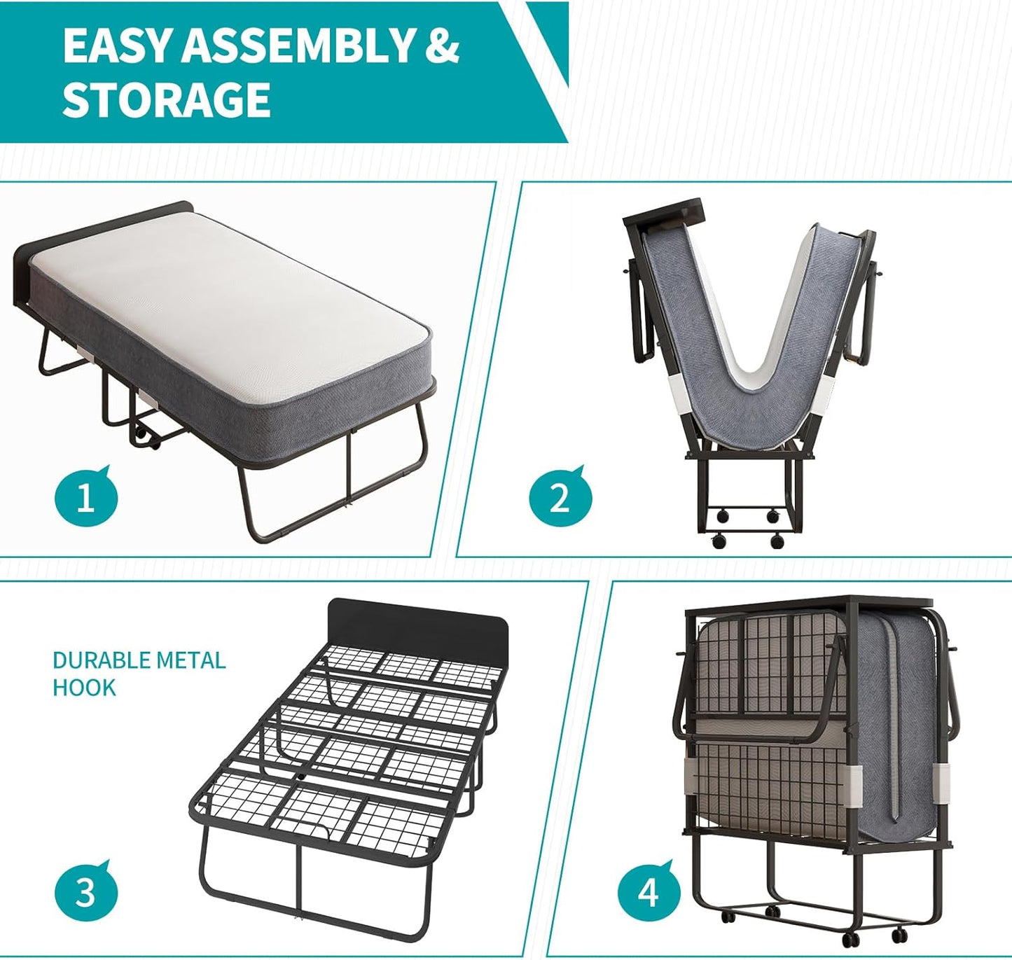 Cama plegable con colchón para adultos, cama plegable de 75 pulgadas de largo x