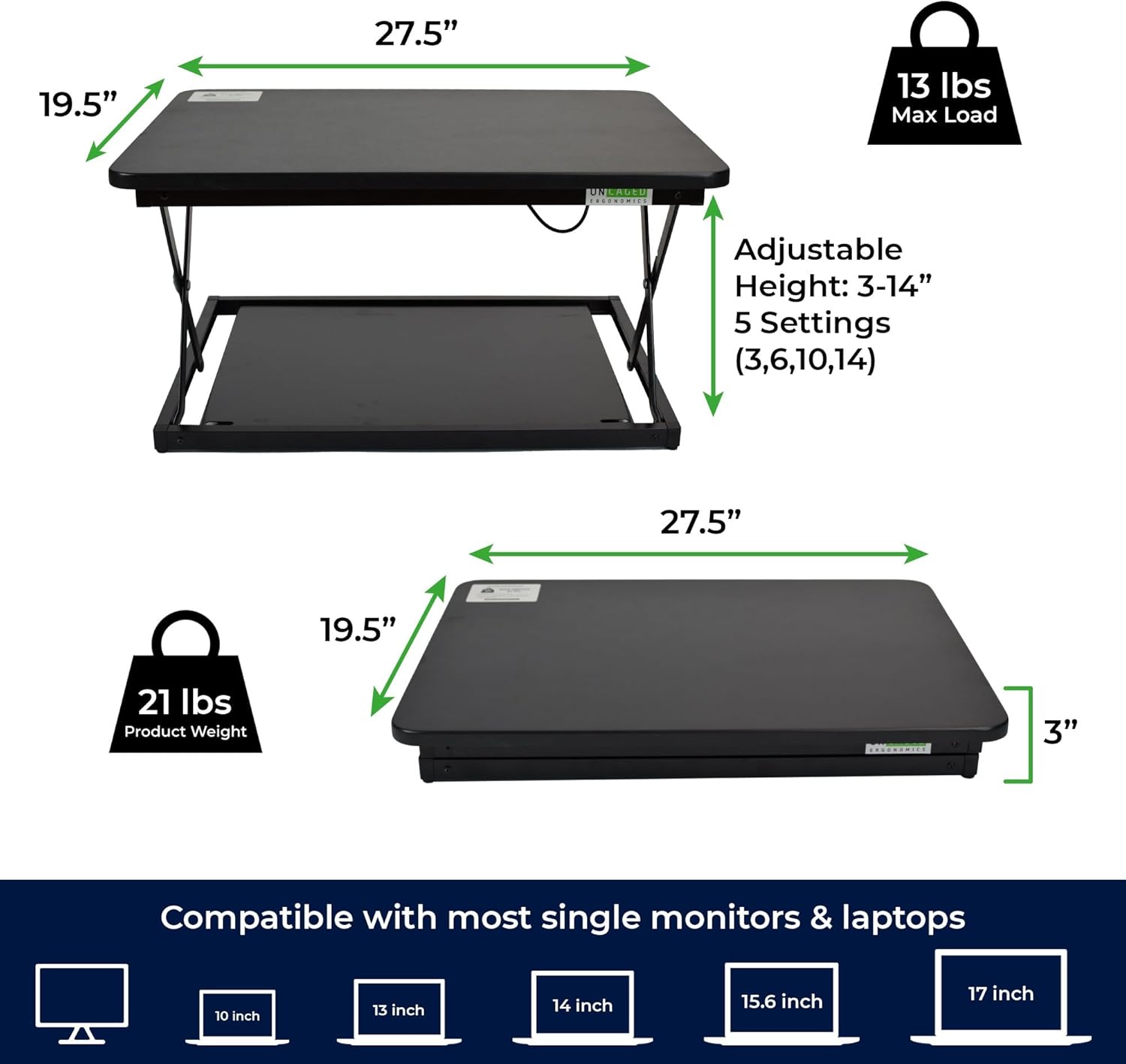 CHANGEdesk MINI - Convertidor de escritorio pequeño de pie de altura ajustable,...