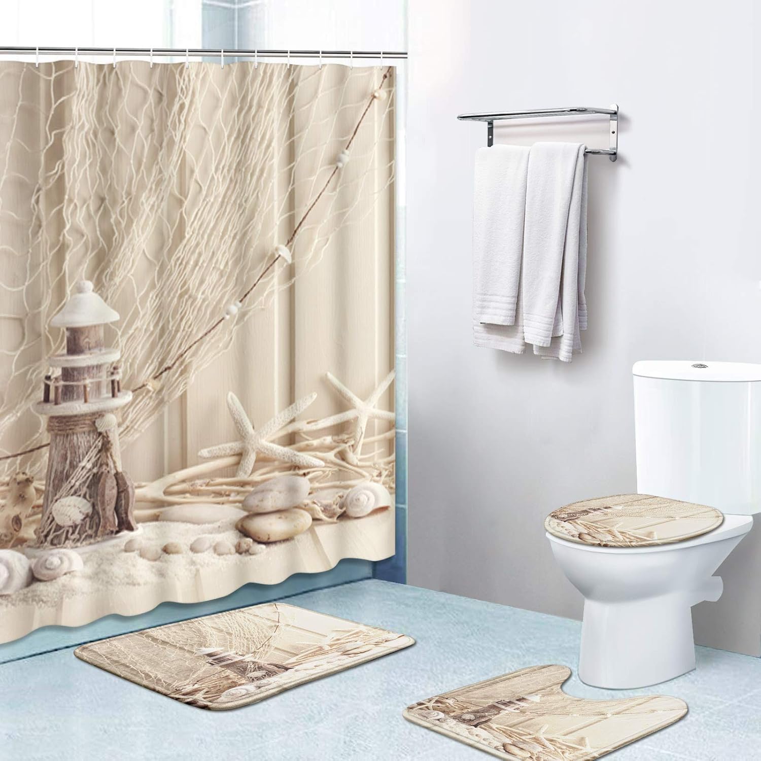 Britimes Juego de 4 cortinas de ducha, beige playa con alfombras...