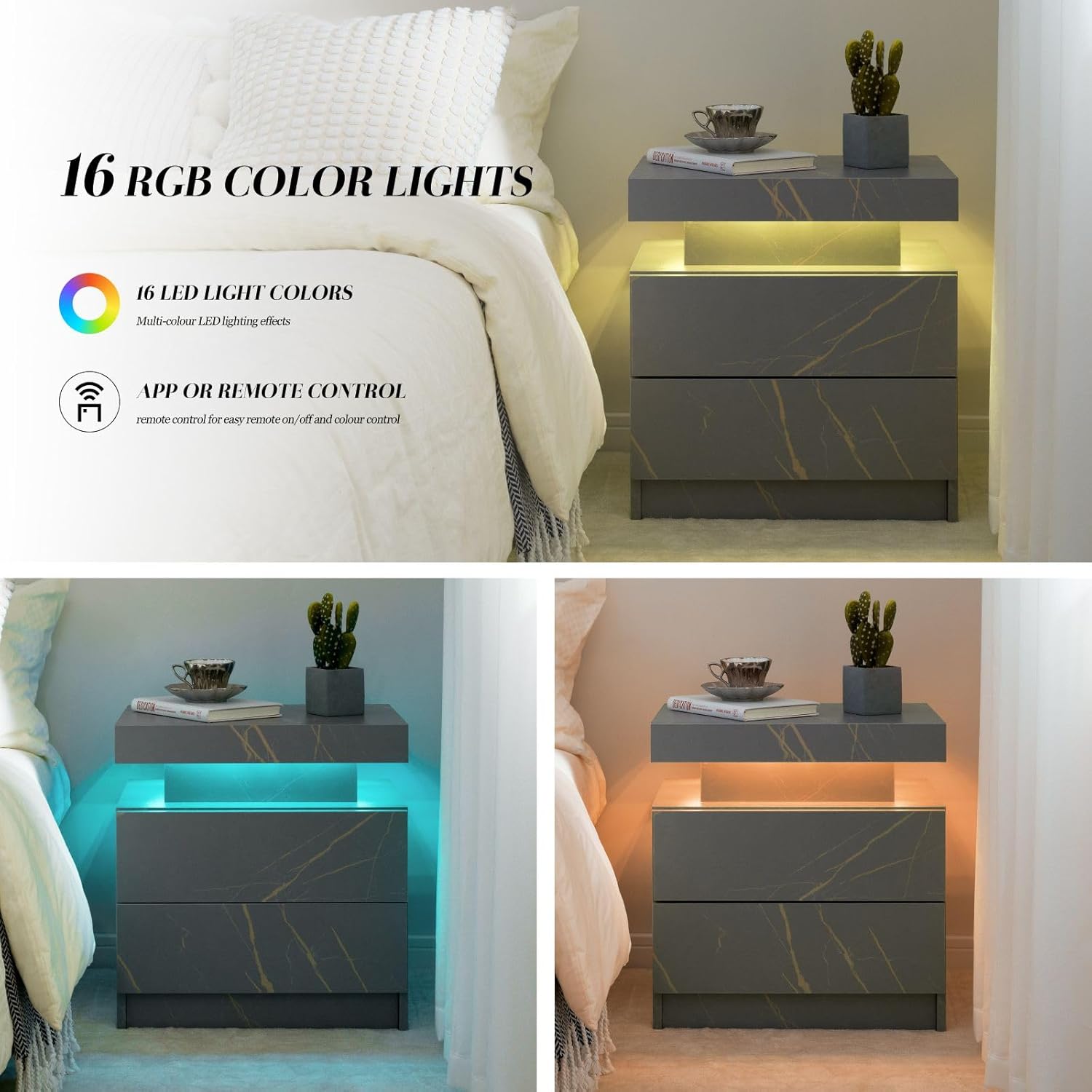 Mesita de noche LED para mesita de noche con luces LED, mesa auxiliar moderna...