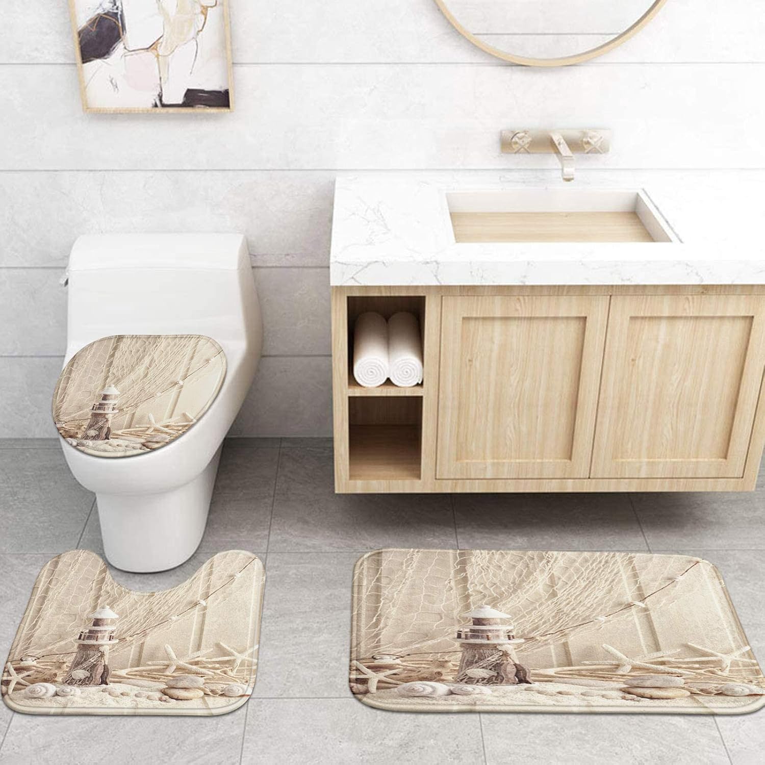 Britimes Juego de 4 cortinas de ducha, beige playa con alfombras...