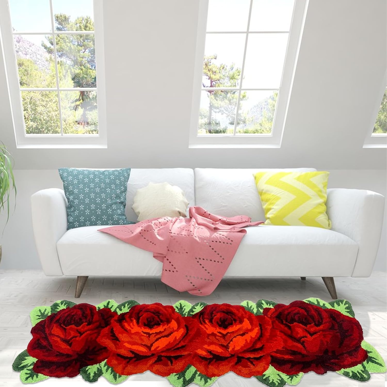 Alfombra de suelo de rosas, hecha a mano con rosas rojas, lavable,...