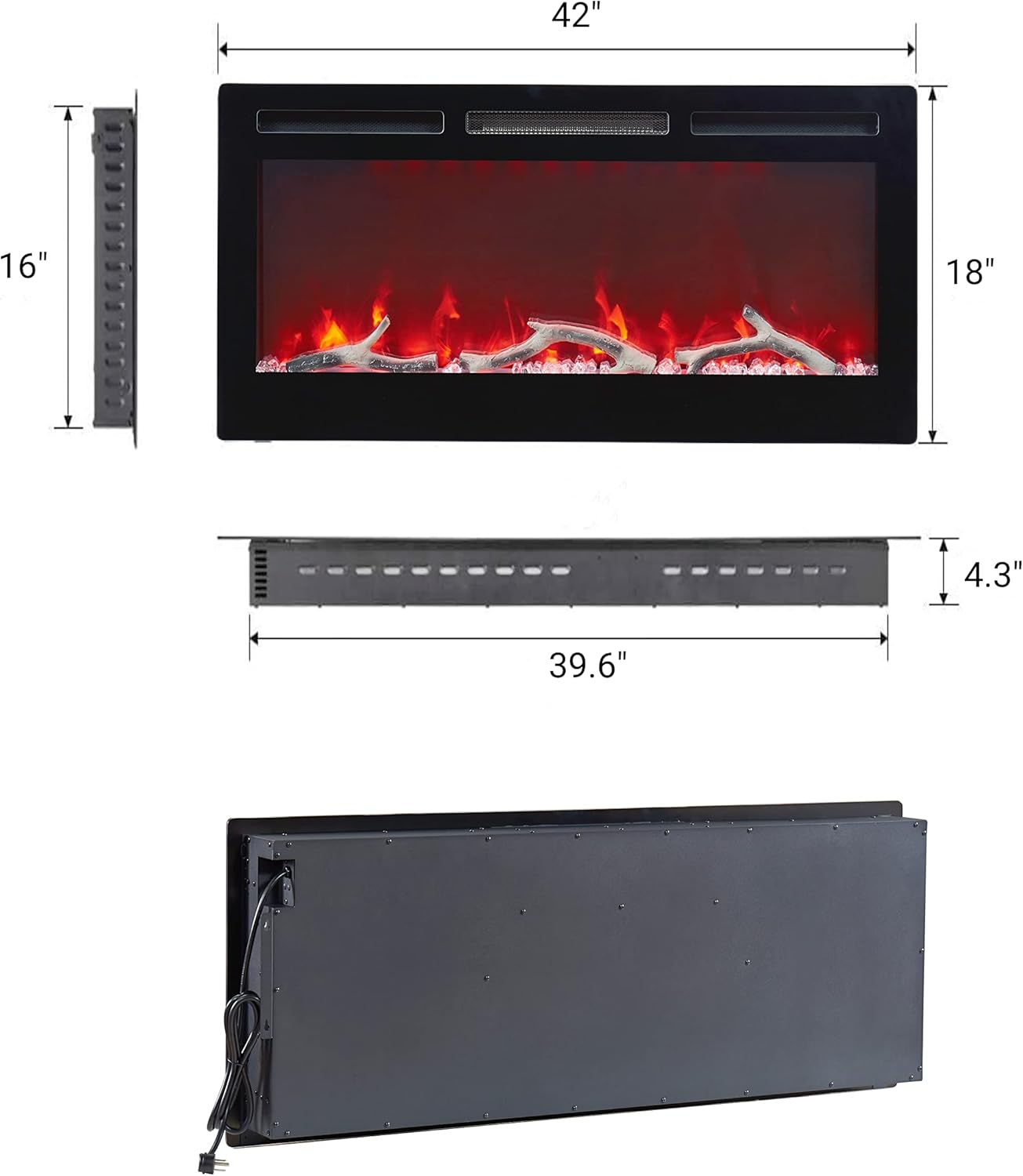 Chimenea eléctrica empotrada y montada en la pared de 42 pulgadas, calentador...