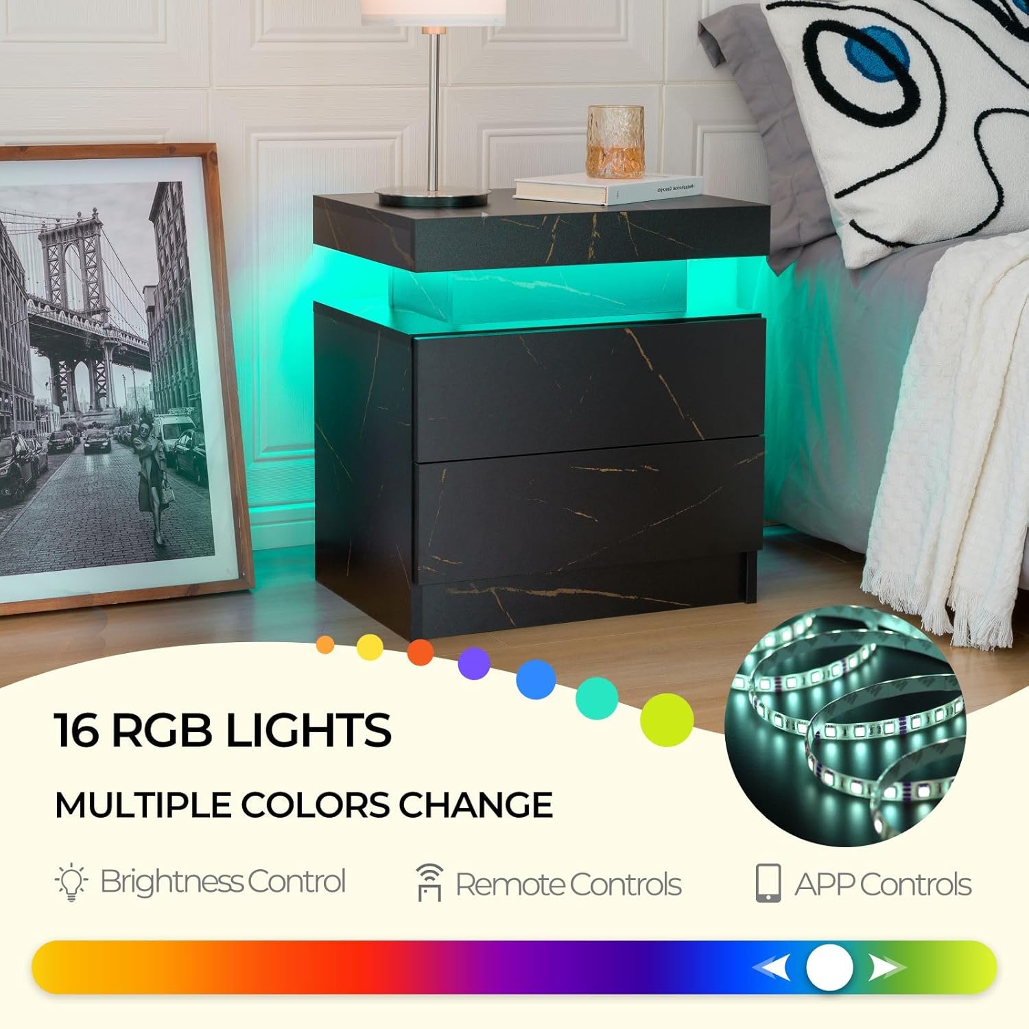 Juego de mesita de noche de 2 luces LED con 2 cajones con cajones para...