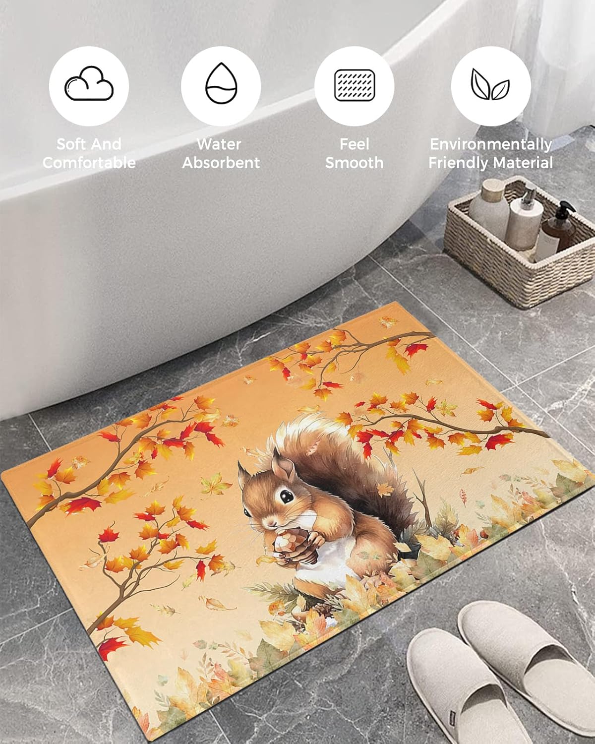 Shag Door Mats Bath Rugs Thanksgiving Squirrel Autumn Maple Leaf Orange...