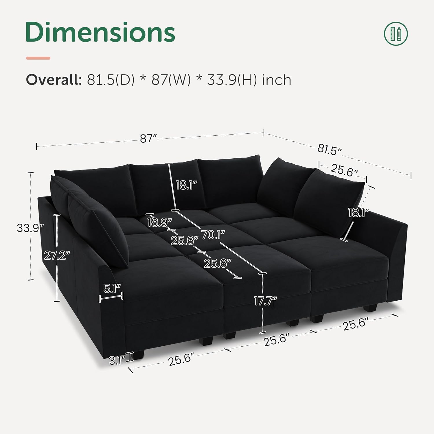 HONBAY - Sofá modular con otomana, sofá cama para sala de estar, color negro