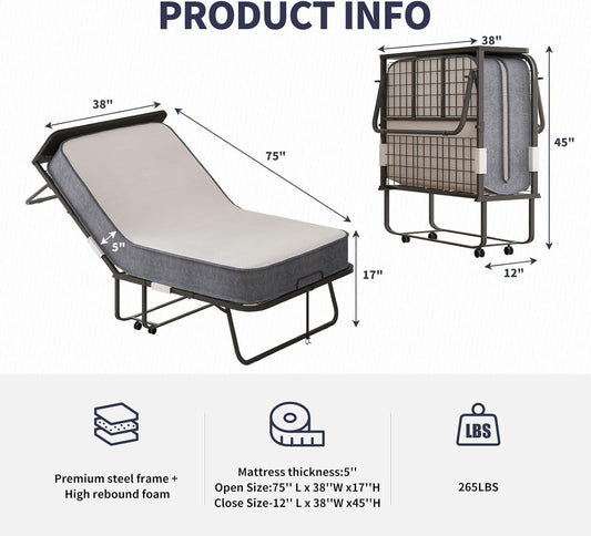 Cama plegable, cama plegable de 75 x 38 pulgadas con colchón de 5 pulgadas de