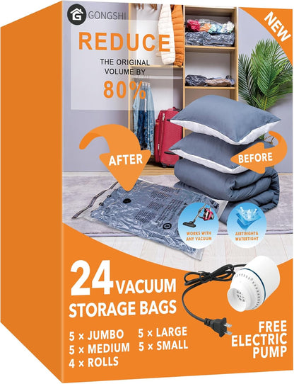 Paquete de 24 bolsas de almacenamiento al vacío con bomba eléctrica, (5 jumbo,