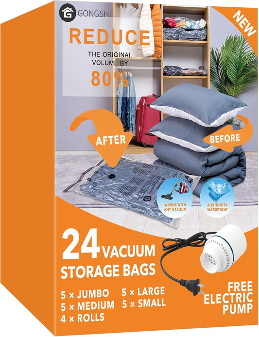 Paquete de 24 bolsas de almacenamiento al vacío con bomba eléctrica, (5 jumbo,