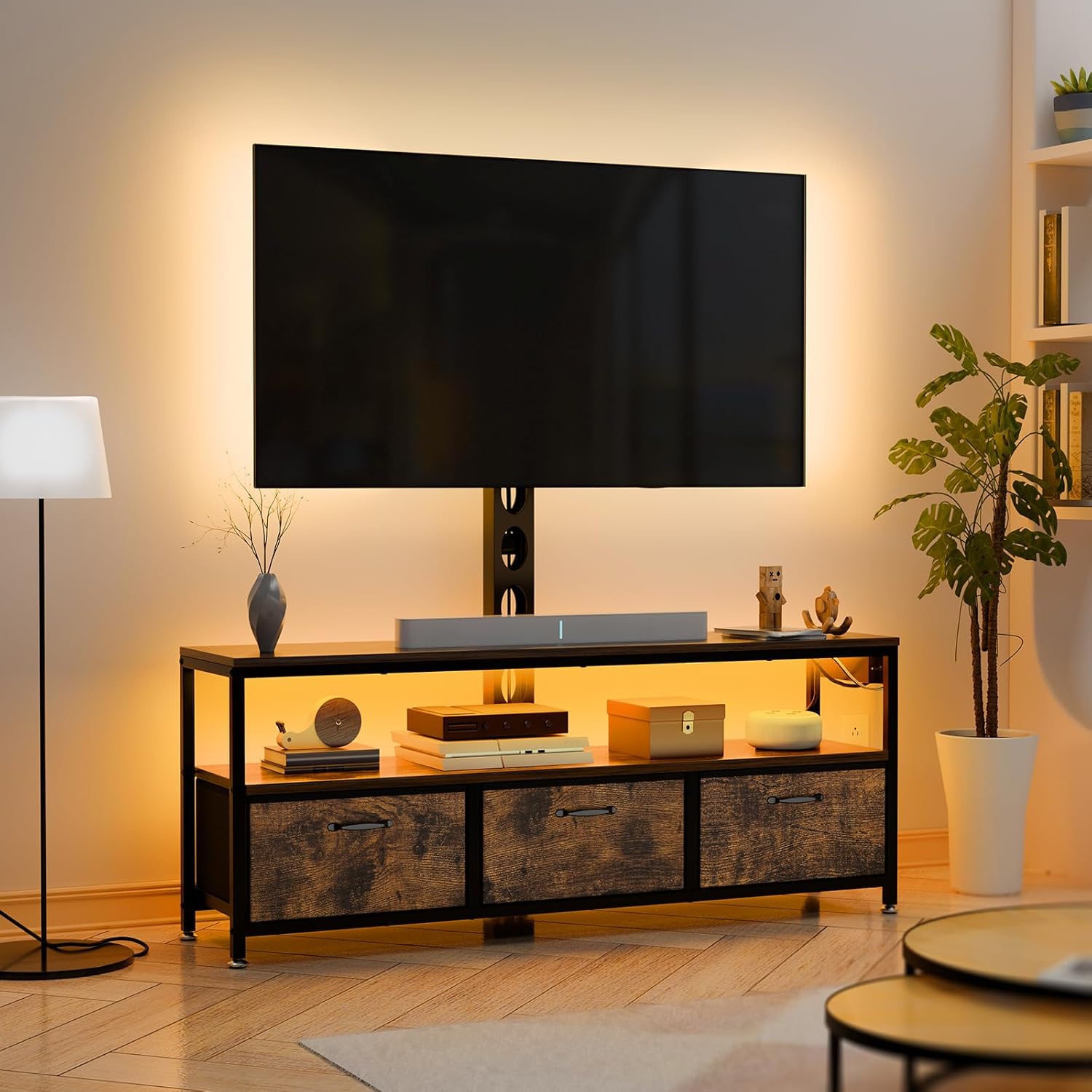 JUSTOGO Soporte de TV con soporte y toma de corriente, soporte de TV con...