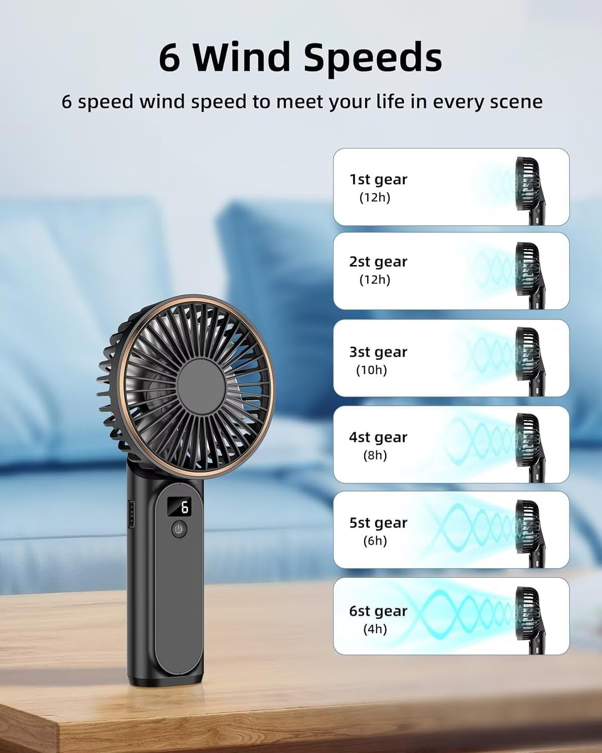Ventilador de mano portátil recargable, 4000 mAh, ajustable en 180, 6...