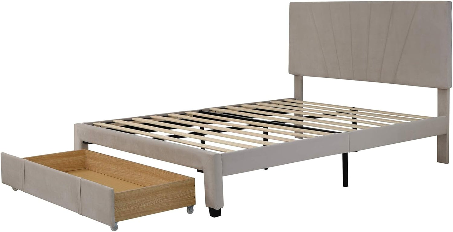 Cama de plataforma tapizada de terciopelo con un cajón grande, cama de