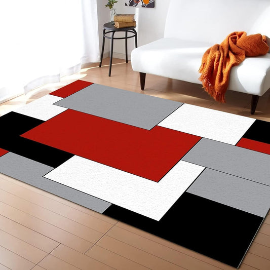 Alfombra de área geométrica con costuras rojas, negras y grises, alfombra...