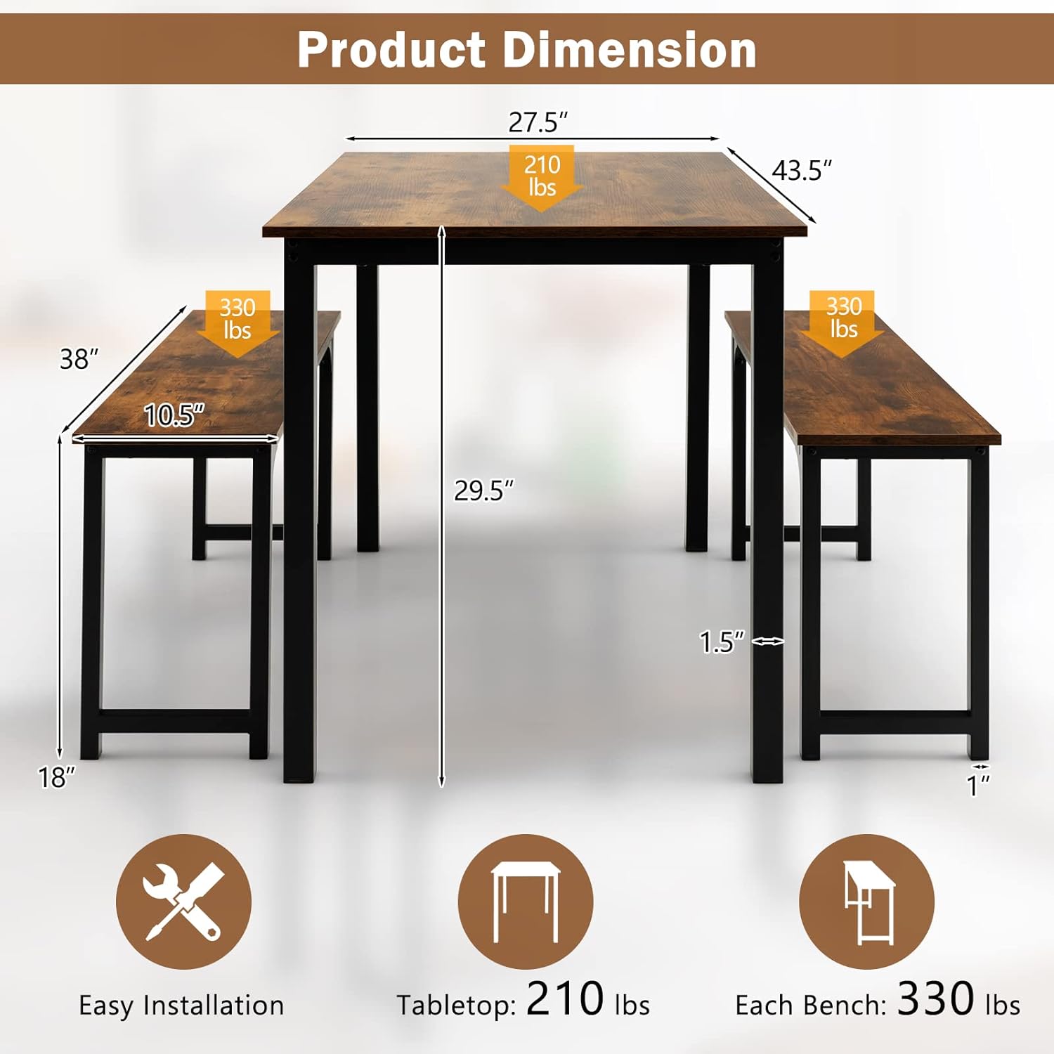 Juego de mesa de comedor para 4, juego de mesa de cocina industrial con 2