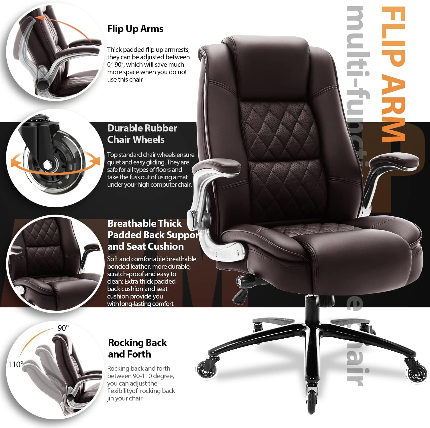EZAKI Silla de oficina con respaldo alto, brazos abatibles, silla ejecutiva de...
