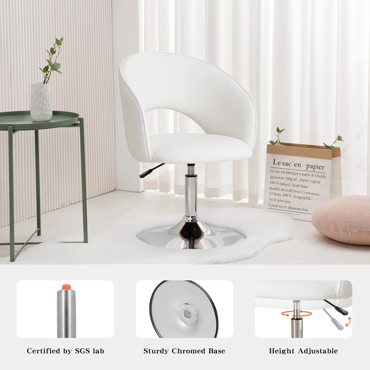 Furnimart Silla de tocador de cuero blanco, silla de acento ajustable en altura...
