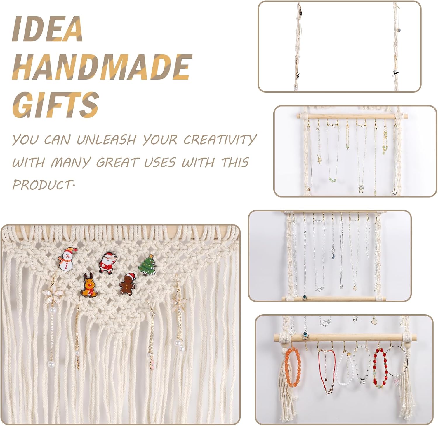 Organizador colgante de joyas, colgador de collar de macramé bohemio montado en