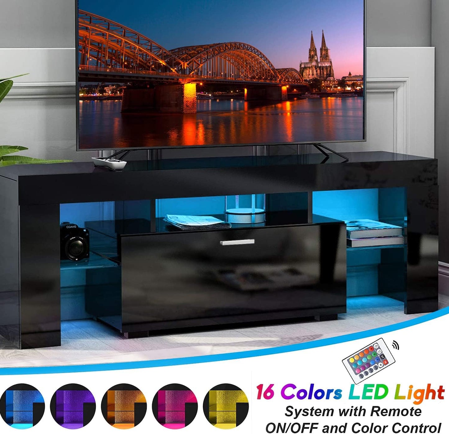 Moderno soporte de TV negro con 16 luces LED, centro de entretenimiento de alto...