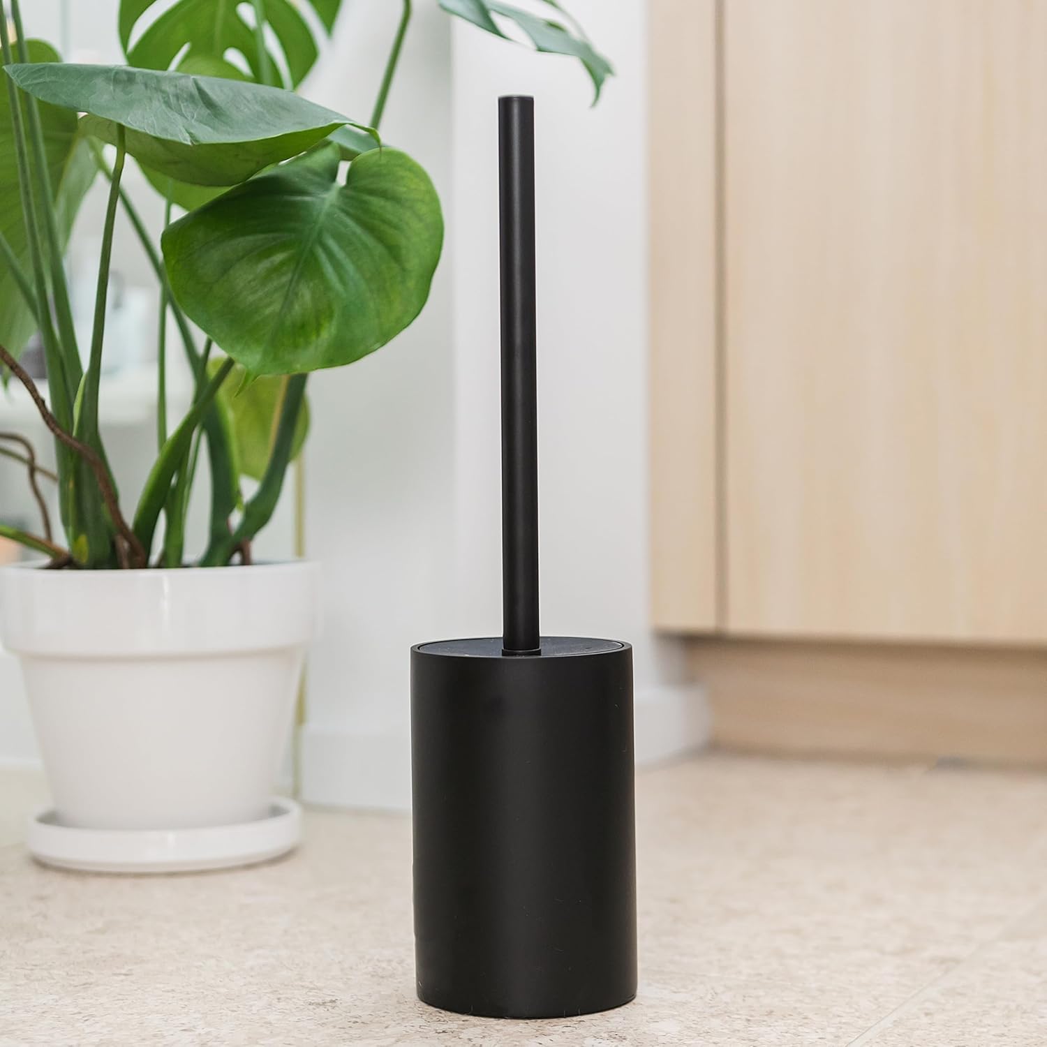 Cepillo de inodoro negro mate para baño con soporte, limpiador de baño con...