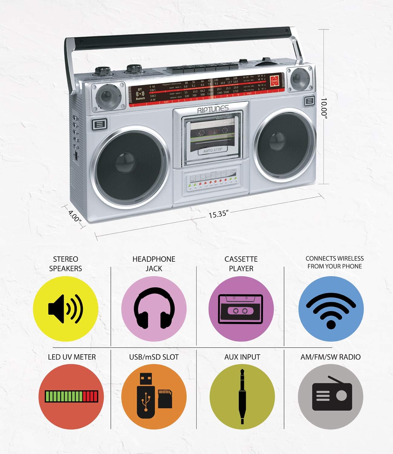 Riptunes Boombox - Grabador de cassette de radio, radio AMFM -SW1SW2,...