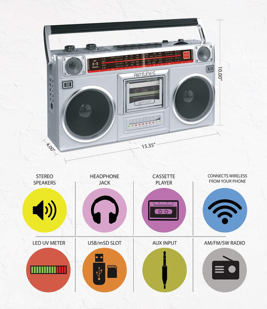 Riptunes Boombox - Grabador de cassette de radio, radio AMFM -SW1SW2,...