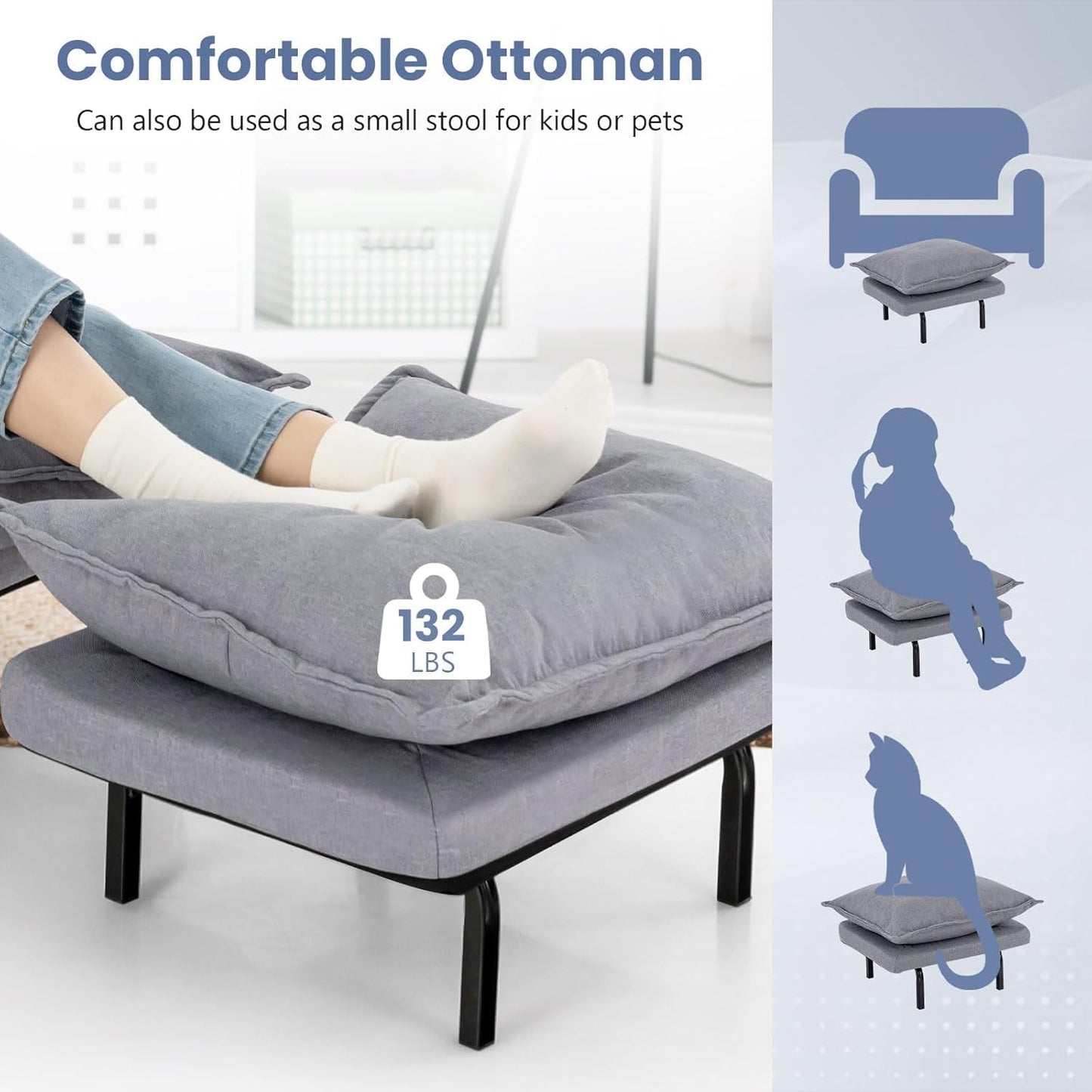 Giantex Silla decorativa con otomana gris, sofá perezoso tapizado con otomana,...