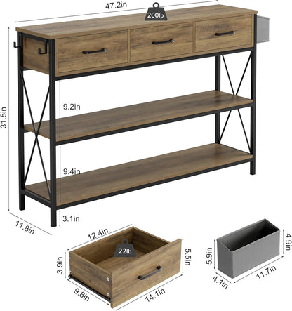 Mesa consola de 47.2 pulgadas con 3 cajones, mesa de entrada larga industrial