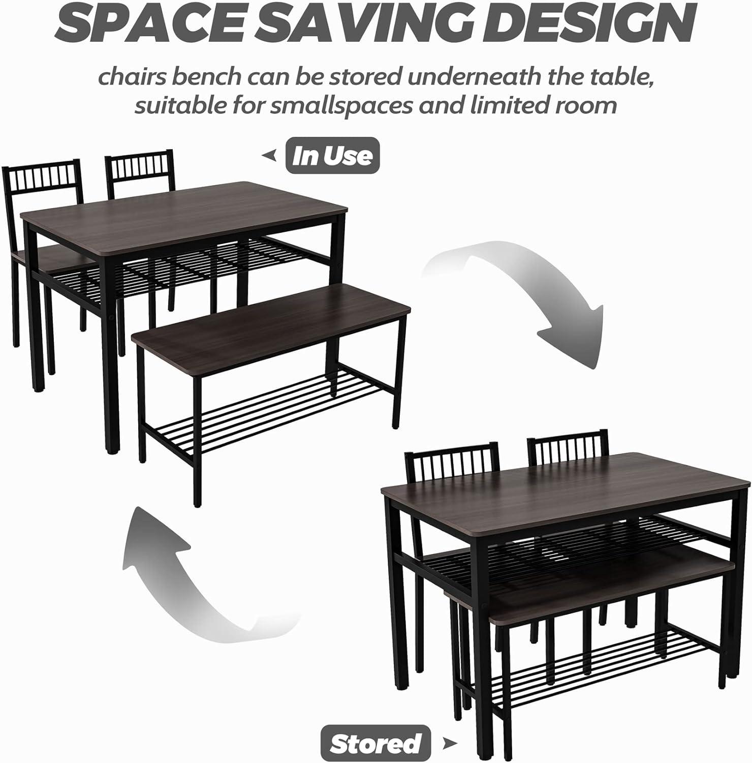 Juego de mesa de comedor para 4, mesa de cocina con 2 sillas y 1 banco, juego