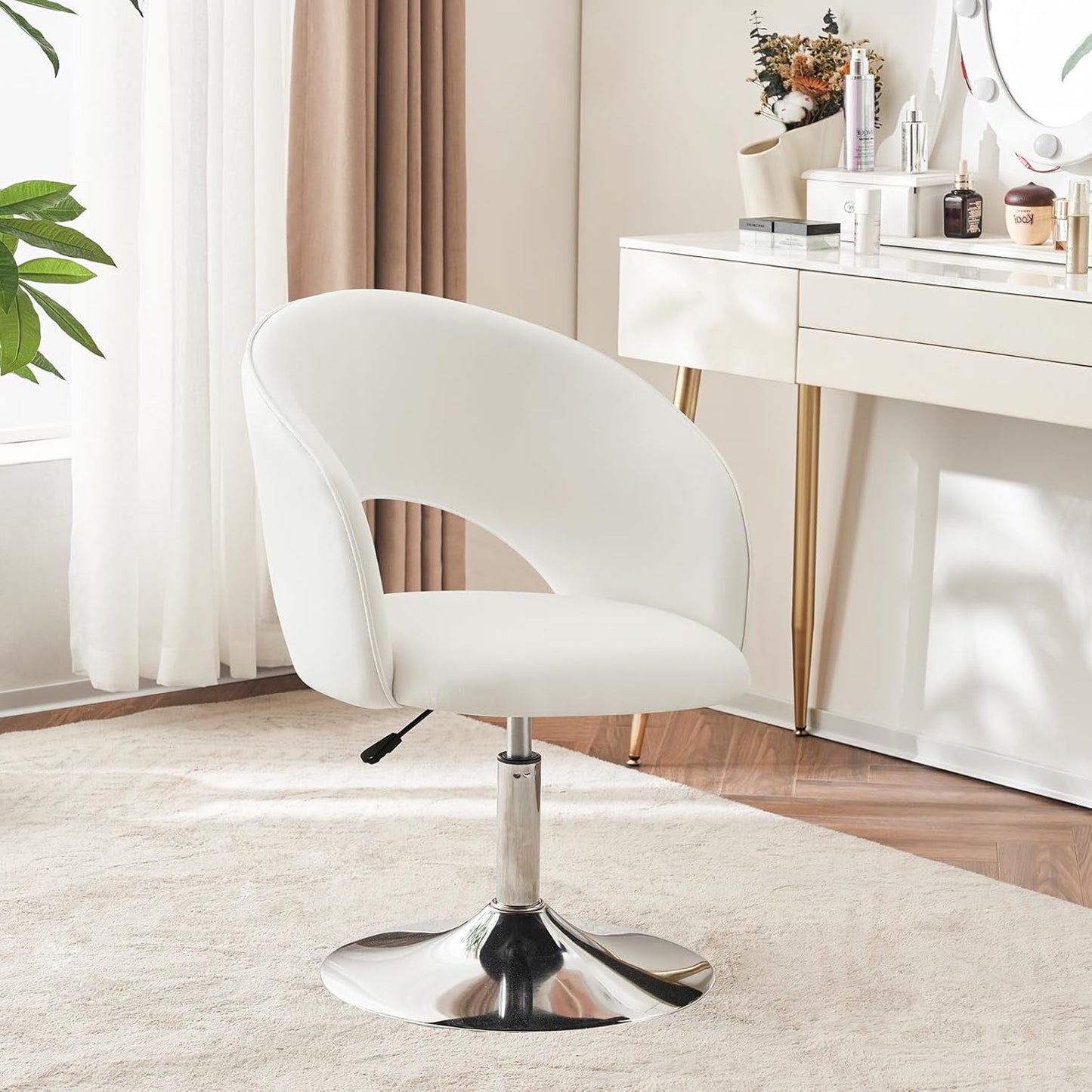 Furnimart Silla de tocador de cuero blanco, silla de acento ajustable en altura...