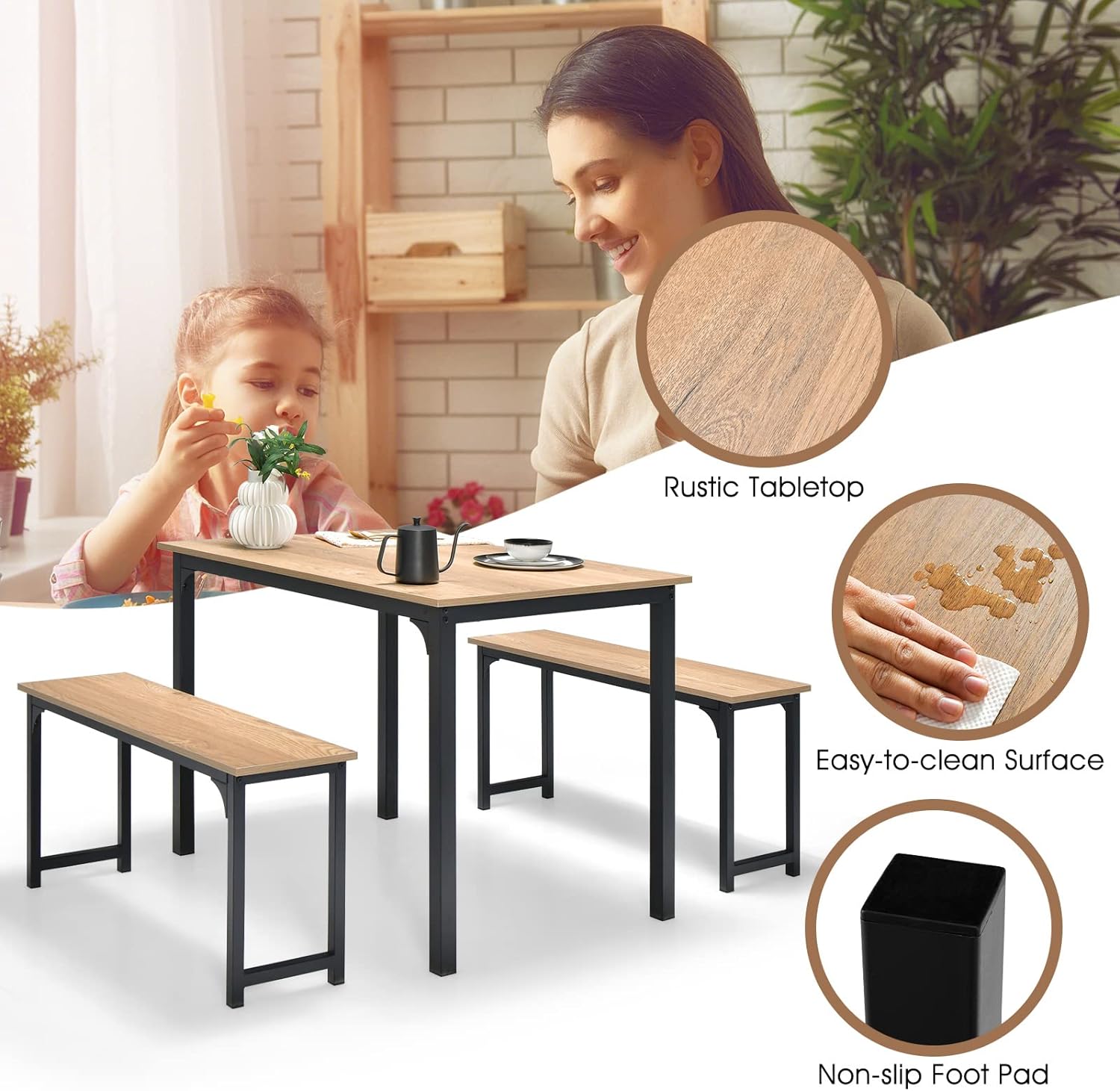 Giantex Juego de mesa de comedor para 4, juego de mesa de cocina industrial con