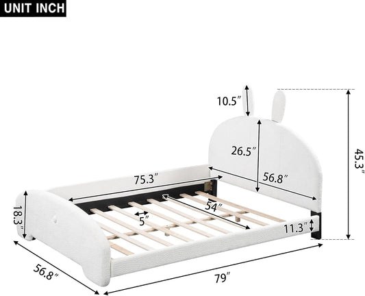 Cama tapizada de plataforma matrimonial con cabecera en forma de orejas de