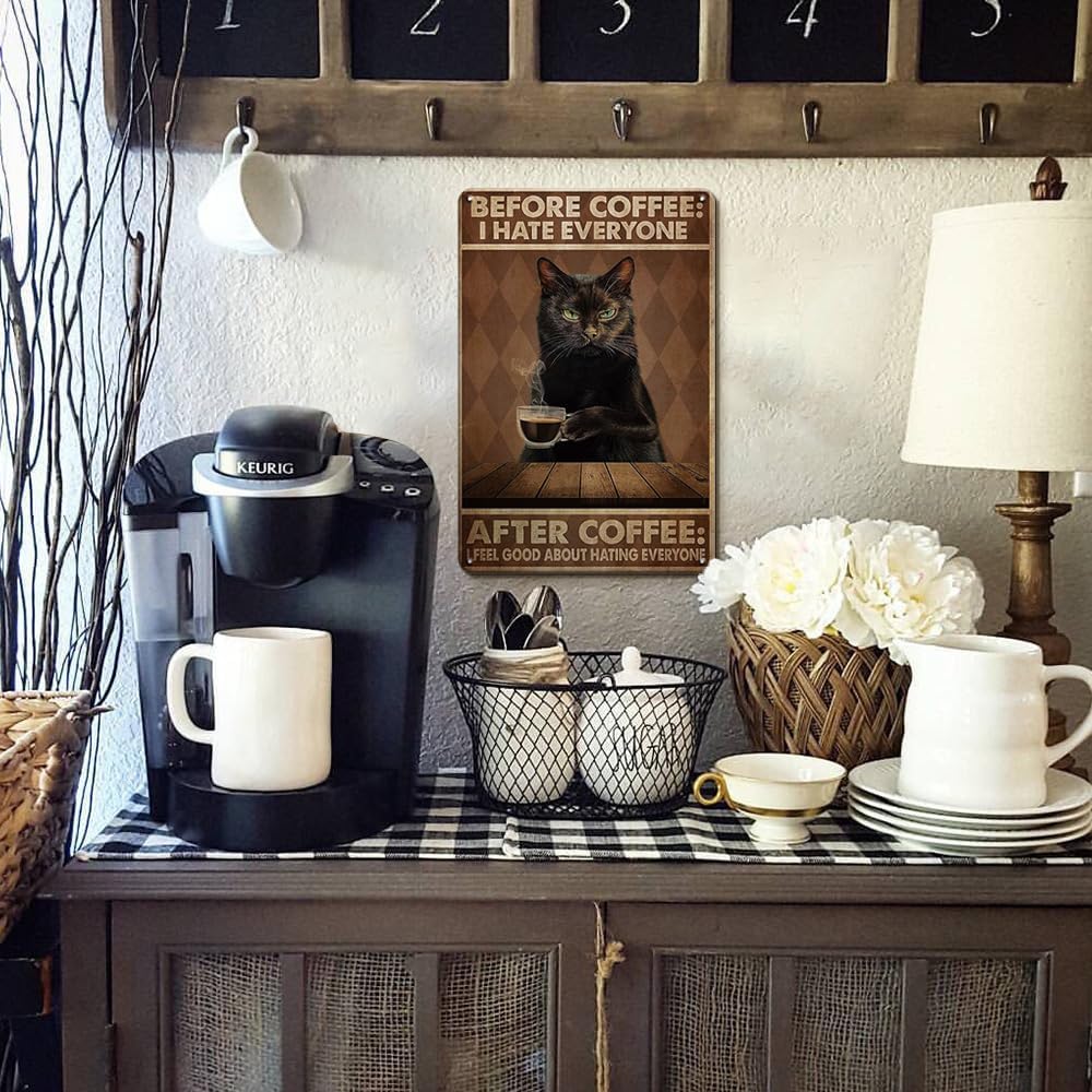 Letrero divertido de hojalata vintage con texto en inglés "Cat Before Coffee I...