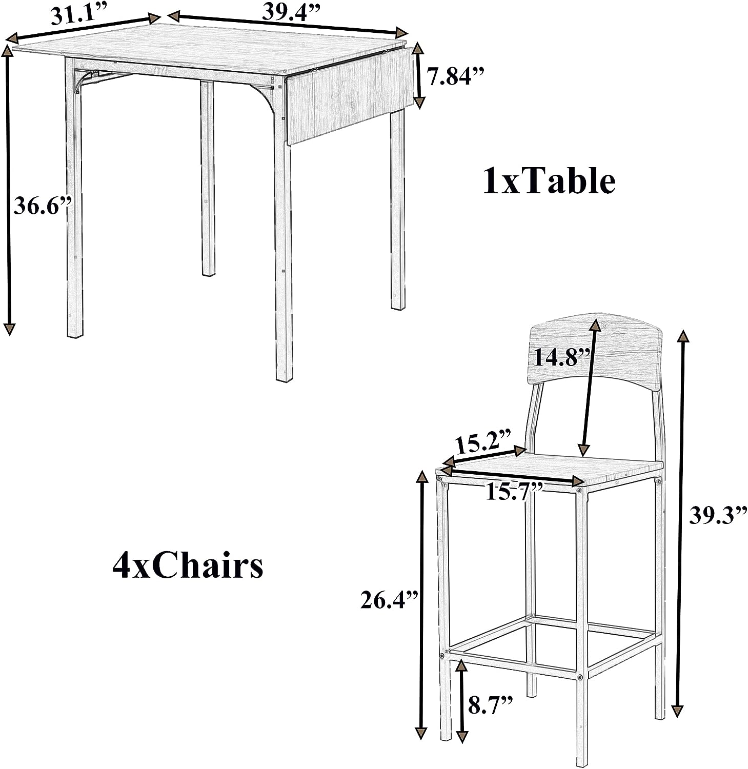 Juego de mesa de comedor de 5 piezas con altura de mostrador, mesa de comedor