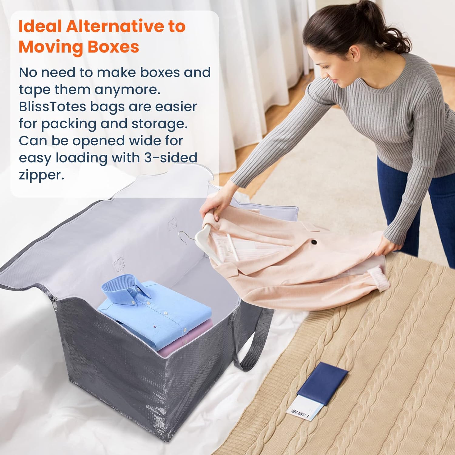 BlissTotes Cajas de mudanza grandes y con cremalleras y asas, suministros de