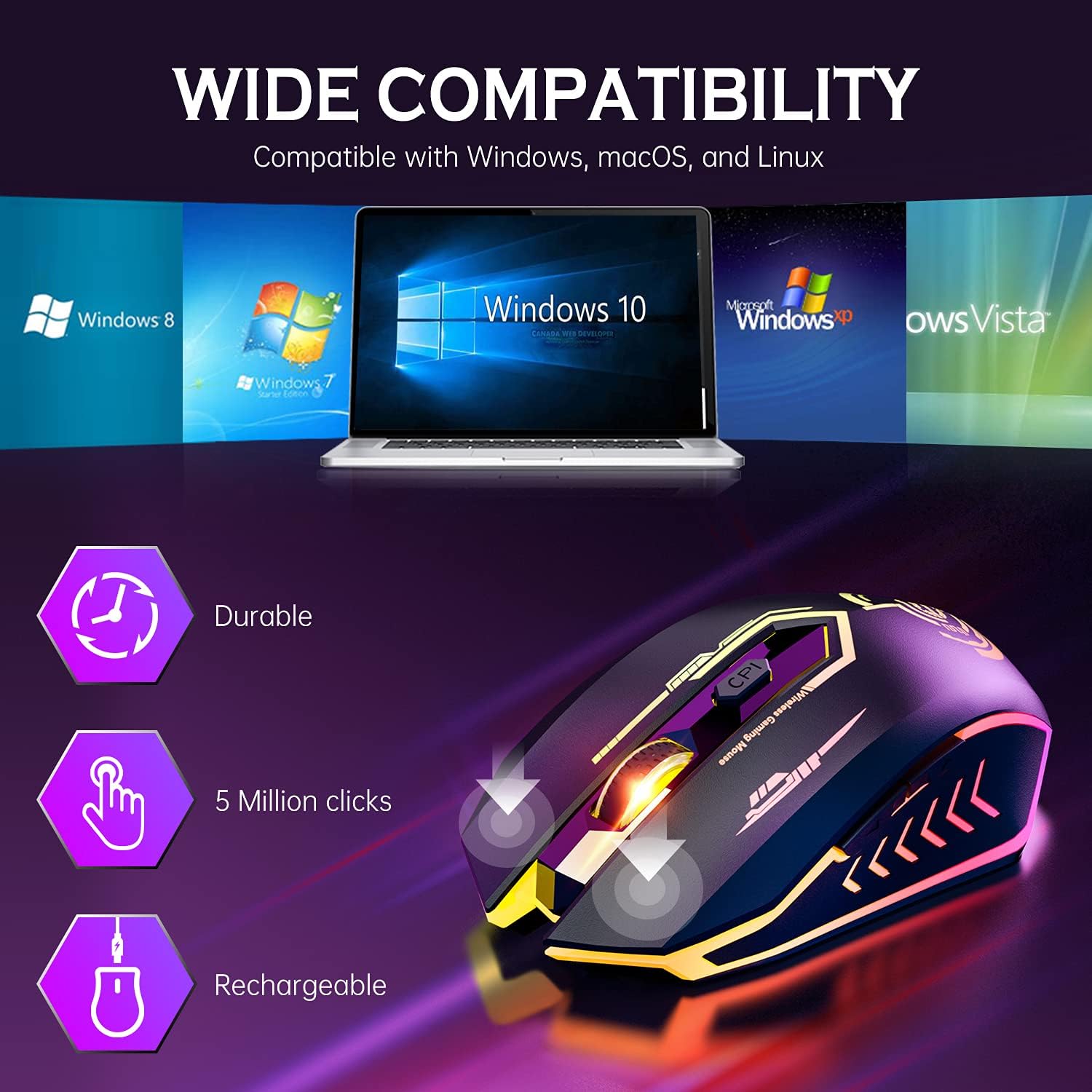 Wireless USB Gaming Mouse, recargables uhuru 5 botones 7 Changeable LED Color...