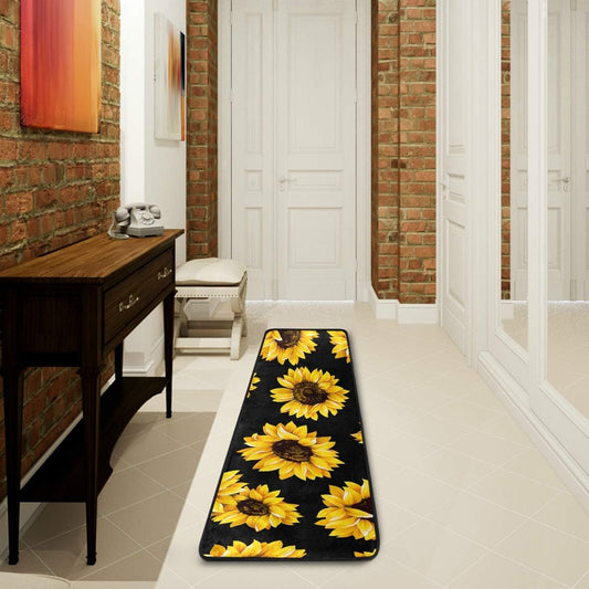 Alfombras de cocina negras con diseño de girasol, antideslizantes, suaves, para...