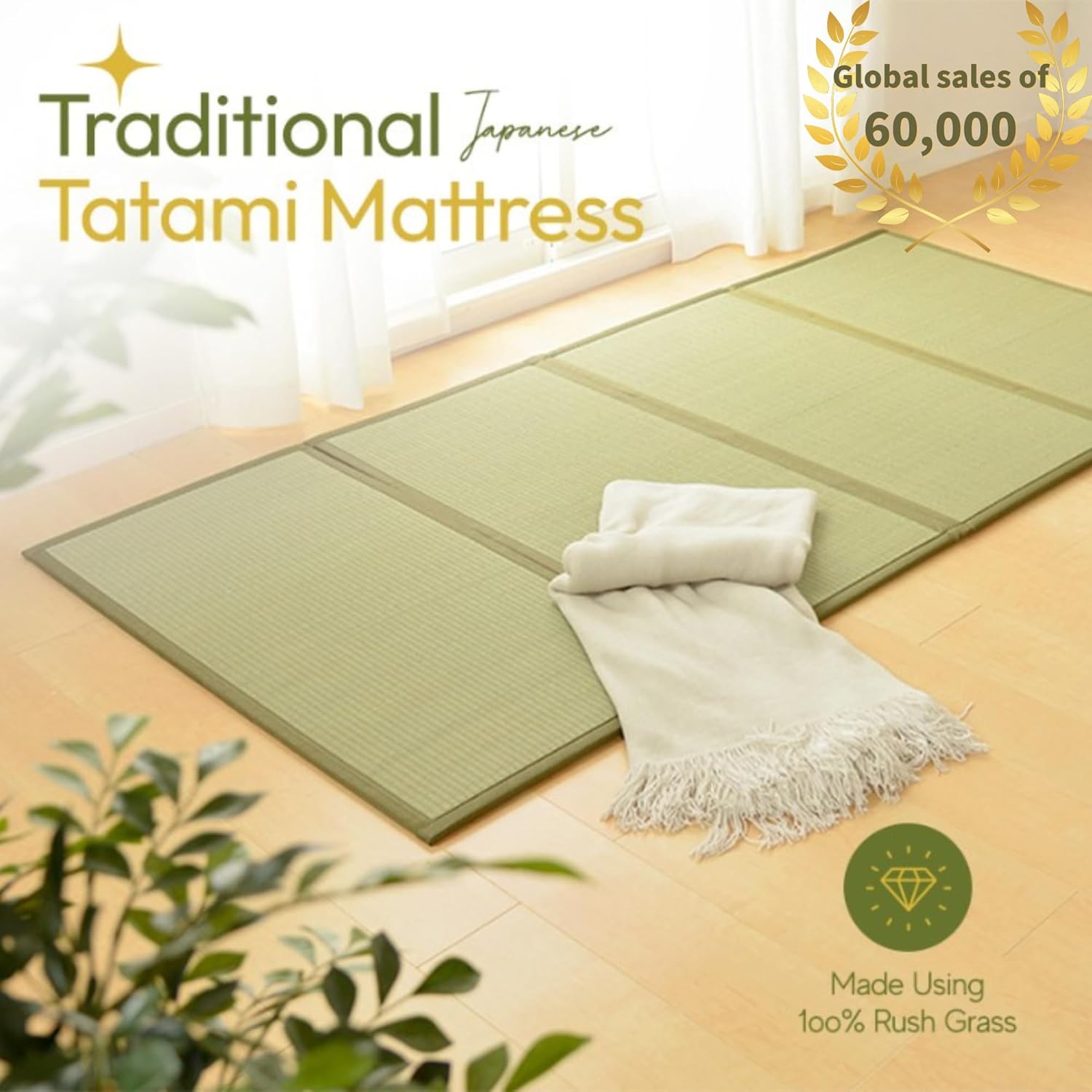 MIINA Colchón de tatami tradicional japonés, Igusa (hierba rusa), tapete de...