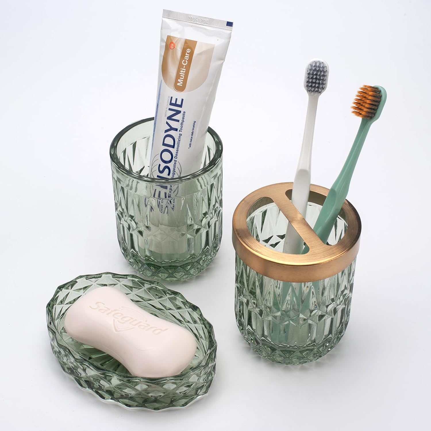 Juego de 5 accesorios de baño de vidrio verde para baño, dispensador de loción,...