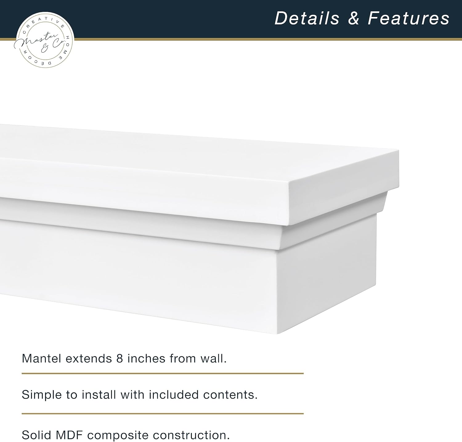 MCS Master & Co - Mantel flotante de madera maciza con acabado blanco de 60...