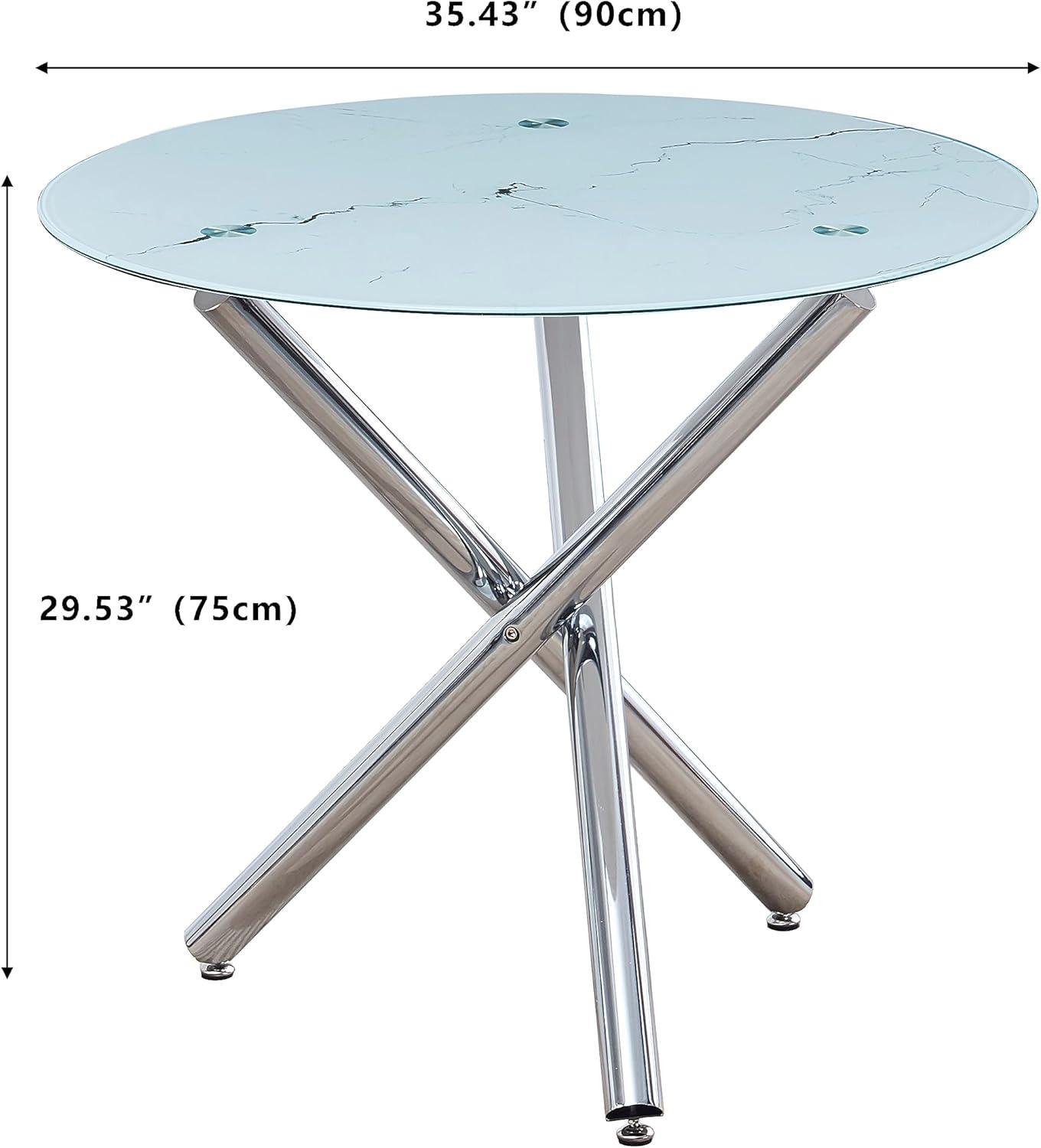 Mesa de comedor redonda de vidrio con parte superior de vidrio de mármol blanco