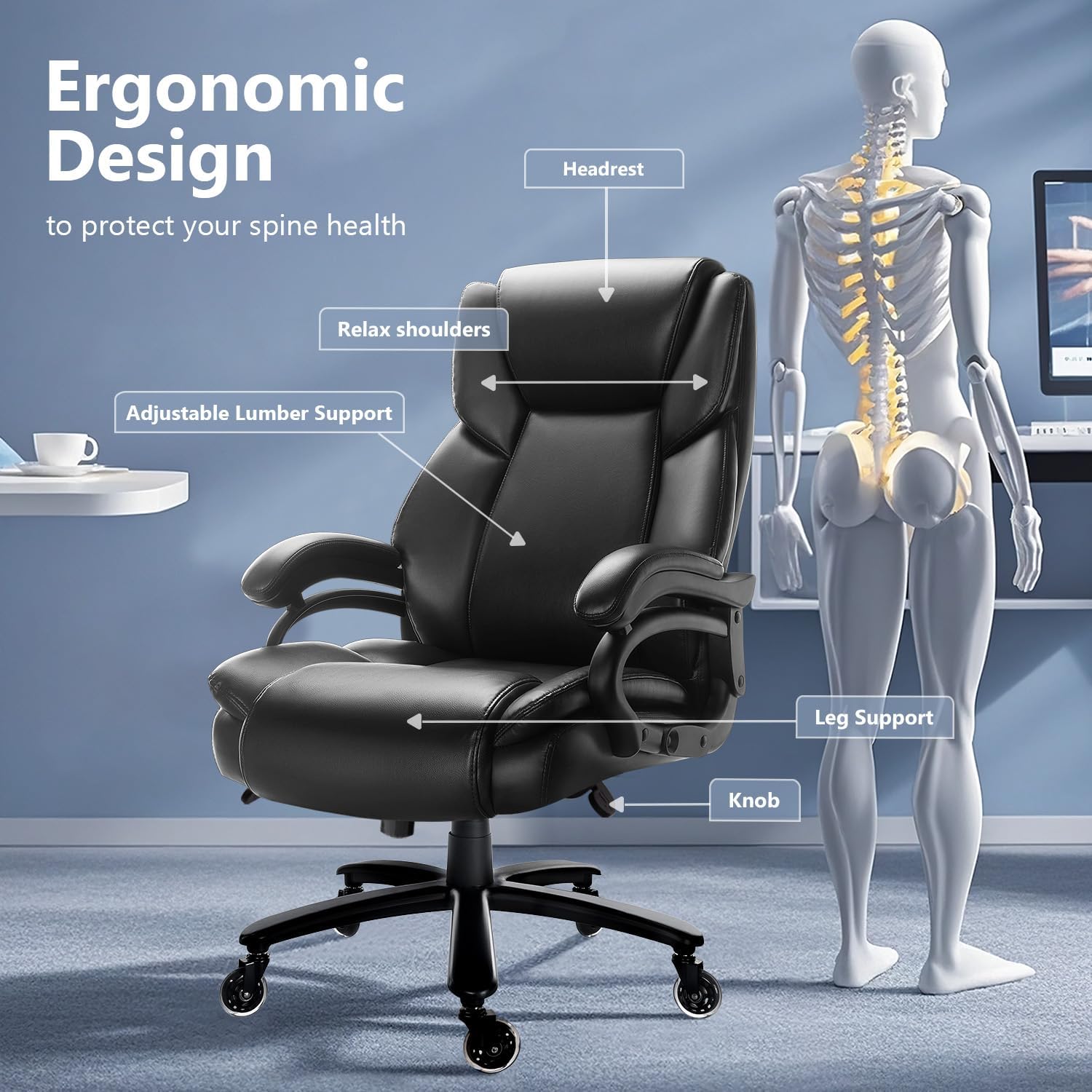 Waleaf Silla de oficina grande y alta de 500 libras, silla de oficina ejecutiva...