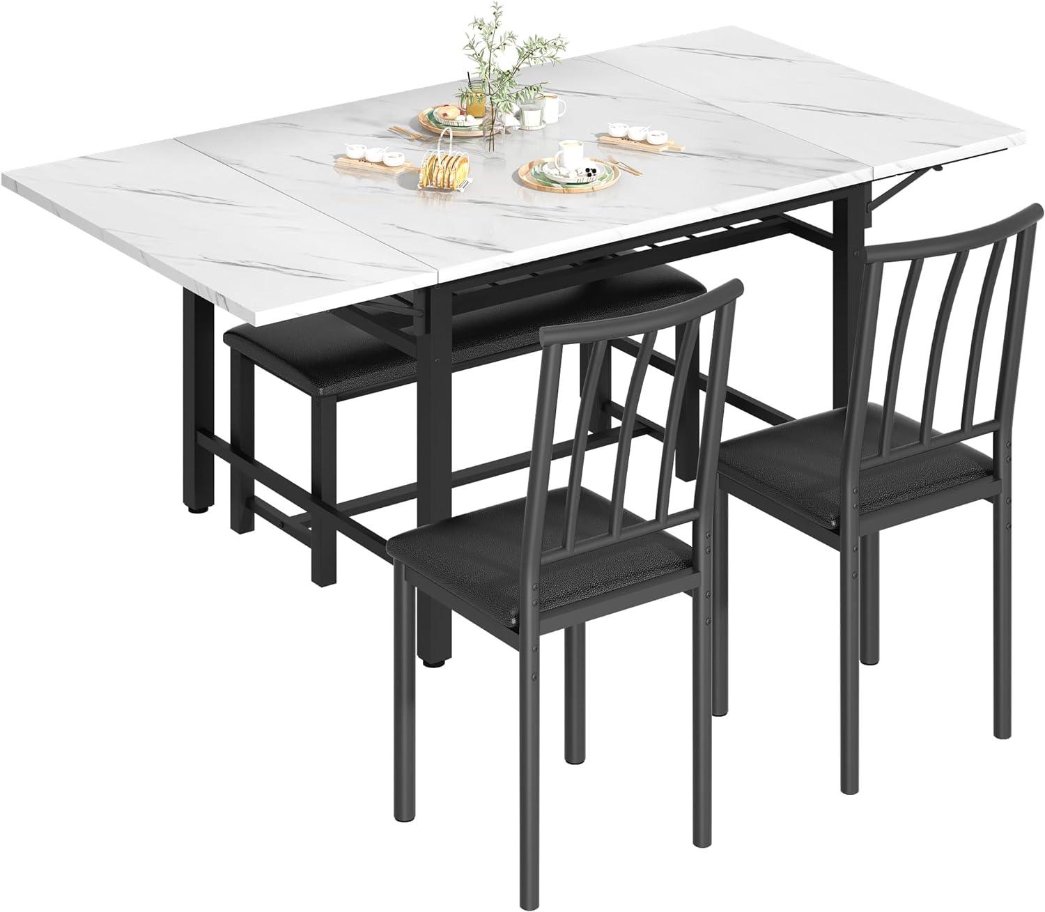 Mesa de comedor de 4 piezas de mármol sintético con estante de almacenamiento,