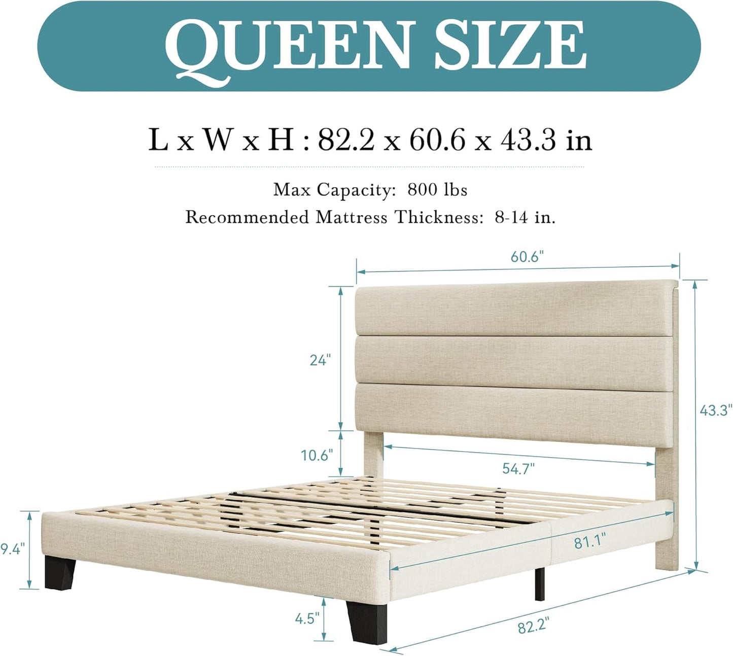 Base de cama tamaño Queen con cabecero, plataforma tapizada de tela con fuerte