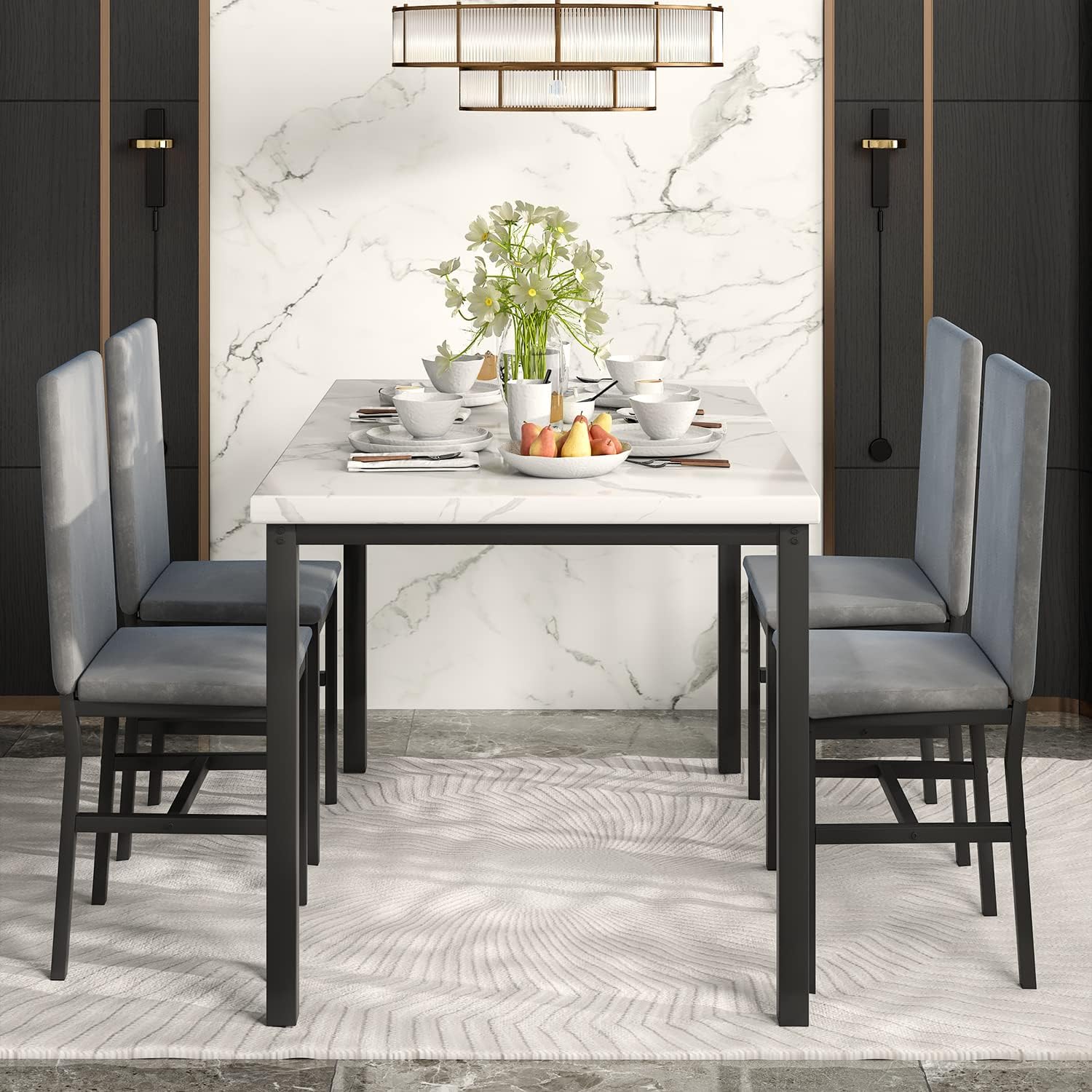 MIERE - Juego de mesa de comedor para 4, 5 piezas de mármol con 4 sillas de...
